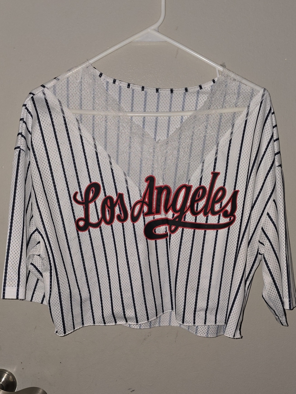 Los Angeles Striped Mesh V-Neck Crop Top - White/Black with Red Script Over-Size
